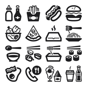 快餐食品和垃圾食品的平面图标。黑色