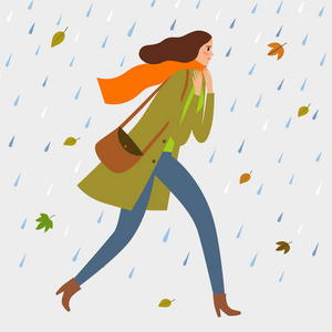 动画天气动态图女孩在雨中奔跑.寒冷的秋天天气.