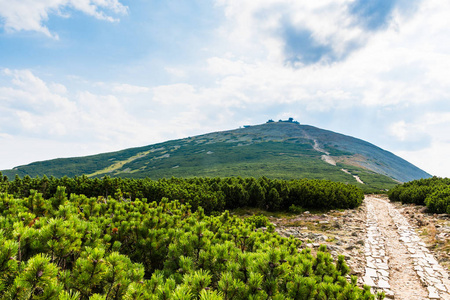 通往捷克共和国最高山峰 Snezka 的公路 克尔科诺谢山。山的自然美景, 蓝天白云