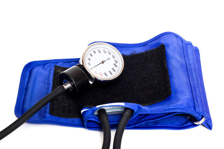 蓝色袖口的血压计和一个在白色背景上的压力表, 孤立
