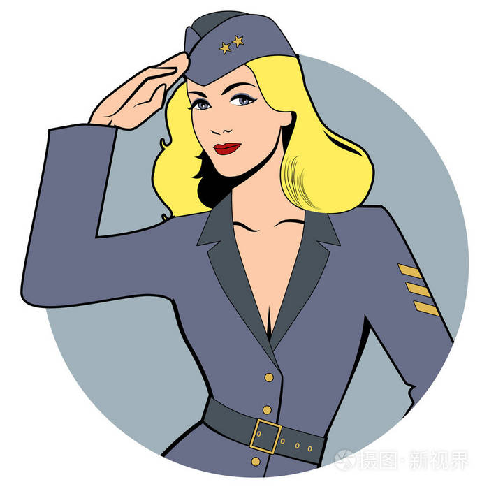在复古漫画风格的军队女孩穿着士兵制服从40s 或50s 做军事敬礼