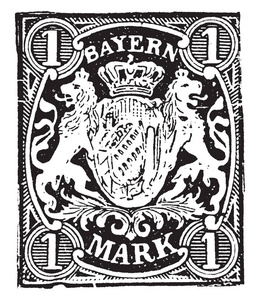 巴伐利亚1标记邮票从1874年到1876平行英国的富有和有时动荡的历史从1849年到 1920, 复古线图画或雕刻例证