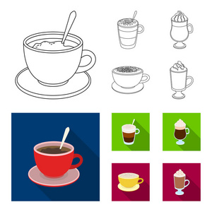 美国, 晚, 爱尔兰, 卡布奇诺。不同类型的咖啡集合图标的轮廓, 平面风格矢量符号股票插画网站
