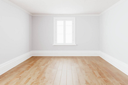 空白简单的室内房间背景空白白色墙壁角落和白色木地板 contemporary,3d 渲染