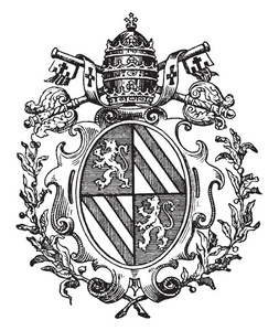 罗马盾牌罗马天主教徽章典型地在他的盾牌标志, 复古线图画或雕刻例证