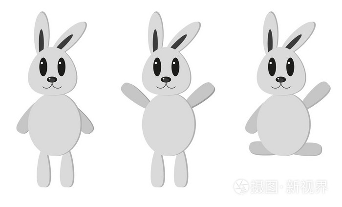 3 孤立灰色兔子一套