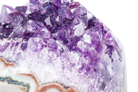 紫水晶晶簇白色背景上的宏观矿物特写