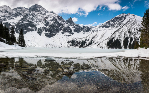 Tatra 山全景从 Morskie Oko, Karpaty, 波兰