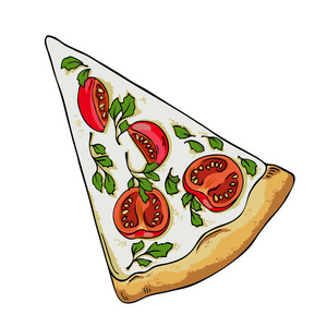 在白色背景下被隔离的香草和西红柿的披萨片。涂鸦墨水素描。手绘矢量图