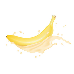 逼真的香蕉落在溅汁波。黄色香蕉被隔绝在白色背景为包装或网页设计。矢量 Eps 10