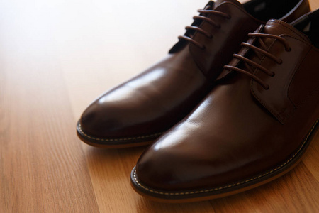 一双棕色皮鞋在木地板上