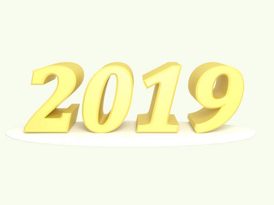 新年快乐2019。黄颜色的题字。呈现。设置