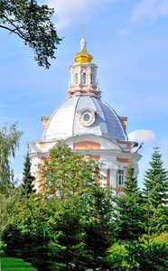 在俄罗斯修道院沙德还, 神的母亲的摩棱斯克图标教堂被高大的树木包围着。