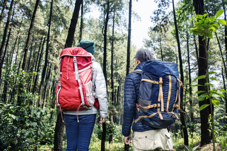 亚洲背包客夫妇一起旅行到森林的背面视图
