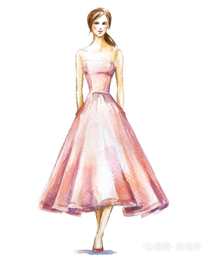 水彩时装插画,穿裙子的女孩.矢量图