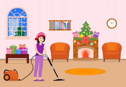 女孩打扫和装饰房间的假期照片
