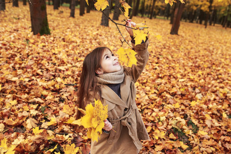 特写肖像可爱可爱的微笑小高加索女孩站在秋季秋季公园外
