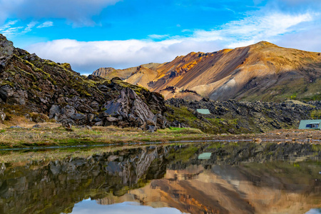 冰岛高地的美丽冰岛风景与大湖和倒影在兰德曼纳劳卡