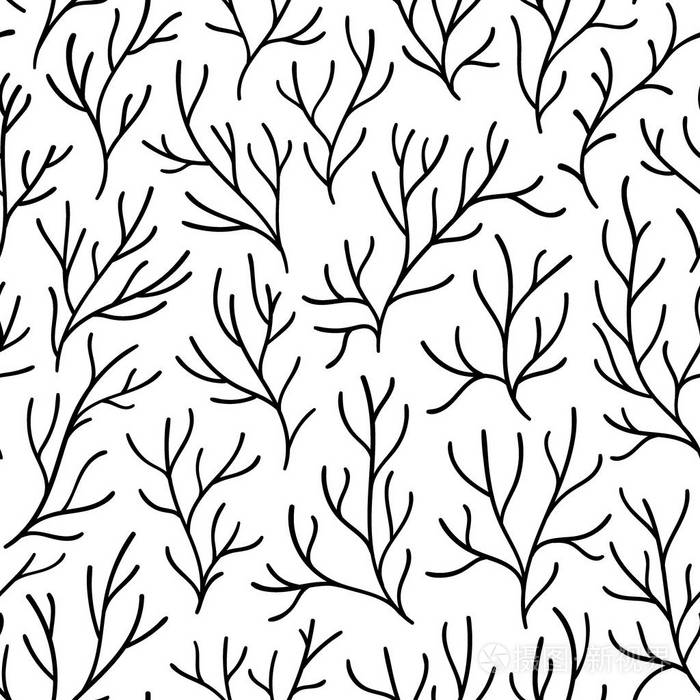 在白色背景上没有叶子的树枝.手工制作的涂鸦风格.纺织品简单印花