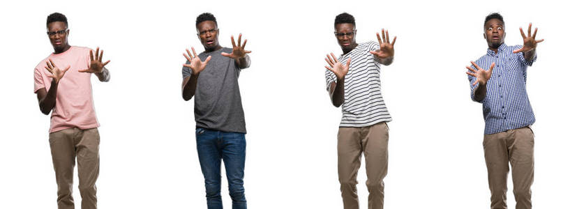 非洲裔美国人的拼贴画穿着不同的服装害怕和恐惧的表情用手停止手势, 在震惊中大叫。恐慌概念