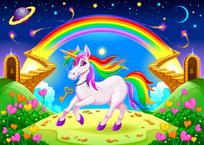 梦幻般的白鹭彩虹独角兽在梦幻般的风景与金色的楼梯.矢量插图照片