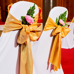 椅子背面背面的黄色和金色婚礼椅子照片