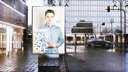 时装销售广告牌在城市市中心的样板。3d 渲染