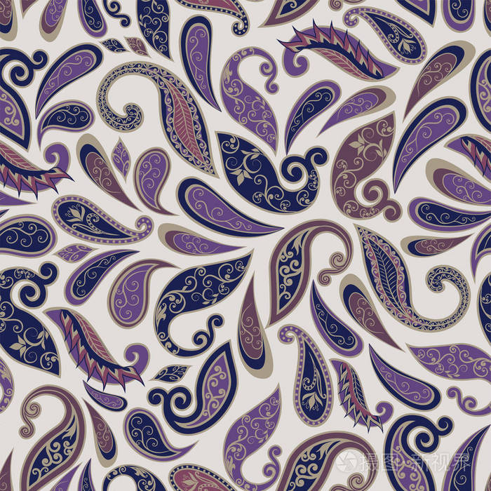 抽象的复古图案与装饰花朵, 叶子和佩斯利螺旋花纹在东方风格