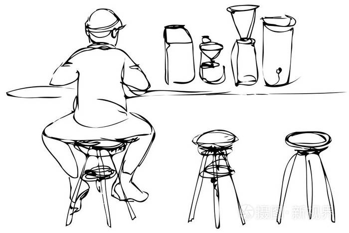 在酒吧柜台上的一个年轻人在凳子上的矢量素描插画-正版商用图片09xd