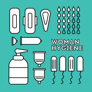 平面图标。女性卫生 卫生巾, 棉条, 月经杯, 肥皂为亲密卫生。矢量插图