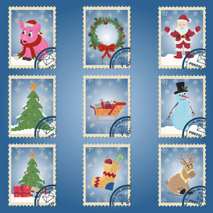 矢量大圣诞节和新年一套设计元素的形式的邮票, 圣诞人物和装饰元素, 节日人物