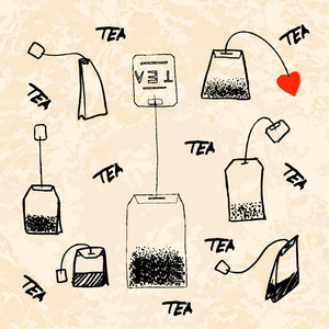 带有标记的茶袋。手画矢量图