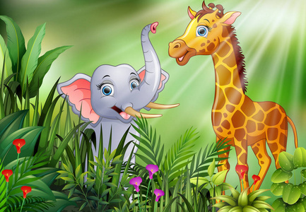 自然场面的动画片与大象和长颈鹿