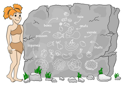 法国洞穴女人解释古饮食使用绘制的食物金字塔