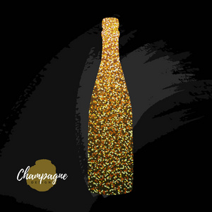 香槟酒瓶矢量图标。黑色背景上的金色闪光香槟酒瓶