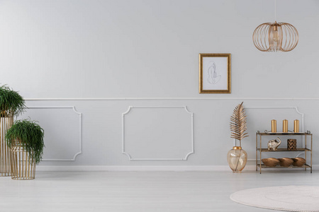 在白色墙壁上的海报与塑造在客厅内部用金灯和植物.真实照片照片