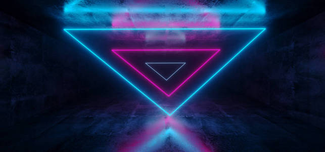 科幻未来抽象梯度蓝色紫色粉红色霓虹灯发光三角形管在反射的混凝土房间墙壁黑暗的内部空太空飞船3d 渲染例证