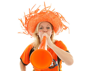荷兰足球支持者与橙色呜呜祖拉