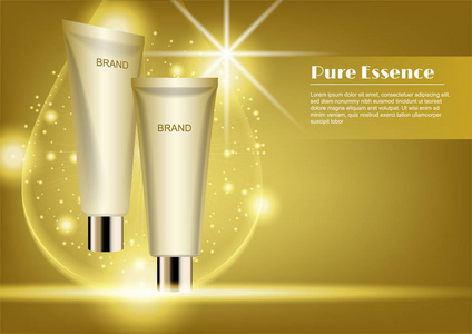 金化妆品管与金水滴和镜头耀斑光效果矢量化妆品广告