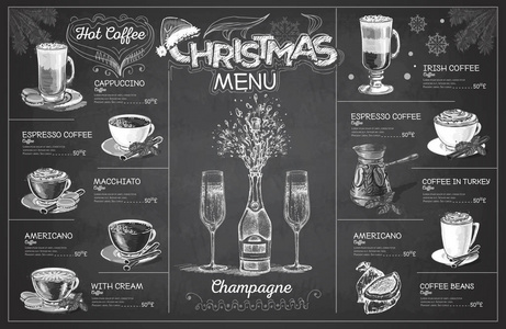 复古粉笔画圣诞菜单设计与香槟。餐厅菜单