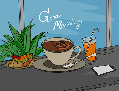 早上好热咖啡手画向量食物和饮料背景