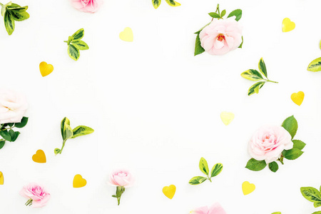 情人节框架组成与粉红色的玫瑰, 叶子和金色的五彩纸屑在白色的背景。平面布局, 顶部视图