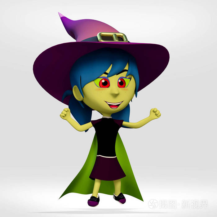 万圣节, 女孩装扮成一个女巫庆祝白色背景.3d 卡通插画