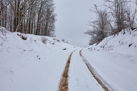 白雪覆盖的乡间泥泞的小路