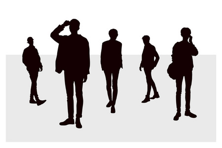 矢量剪影集一个拿着纸杯咖啡的男人, 穿过城市, 穿着时髦衣服的帅哥