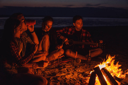 年轻的朋友在海滩上野餐和篝火图片