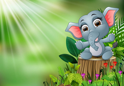 动画片愉快的小象坐在树桩与绿色植物