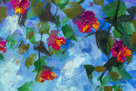 紫罗兰色的天空春天油画分支与绿叶红色紫罗兰色的花反对蓝色弥散抽象