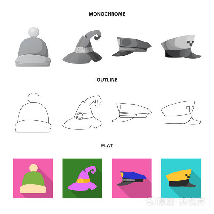 帽子和帽子符号的矢量插图。头饰和辅助股票矢量图的收集
