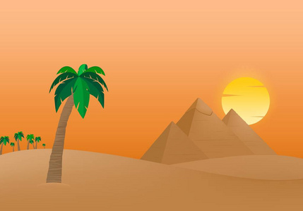 埃及的吉萨金字塔, 日出时在沙丘沙上, 橙色的太阳在棕榈树的背景下, 棕树干和绿叶